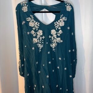 Free People mini dress Teal Embroidered long sleeves size small